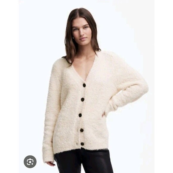 Madewell 2024 Fuzzy Cardigan Sweater Size Small Beige Cotton Button-Up V-neck - Picture 1 of 10